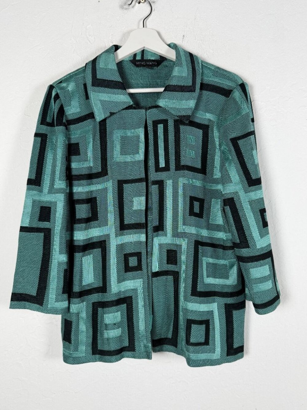Ming Wang Teal Black Geometric Knit Cardigan Jacket Large 3/4 Sleeve Open Front